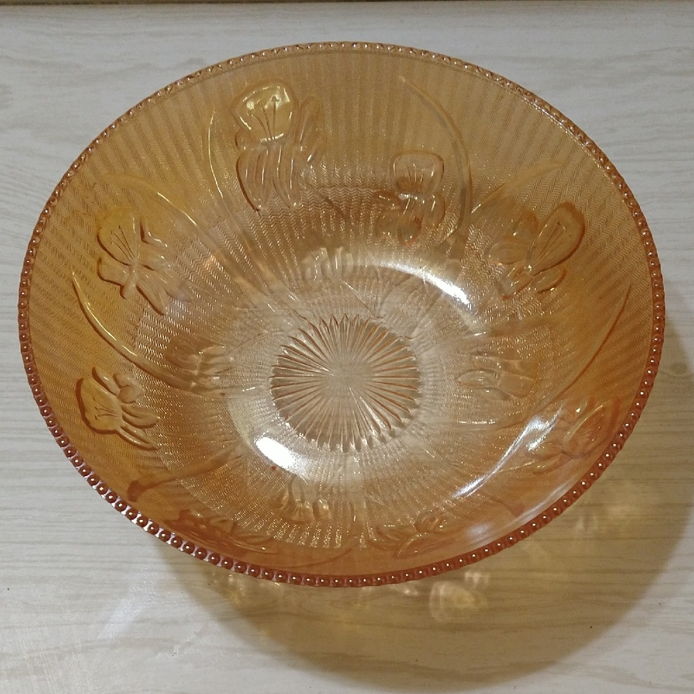 Vintage 1930s Jeannette Glass Iris and Herringbone Iridescent Beaded Fruit Bowl
